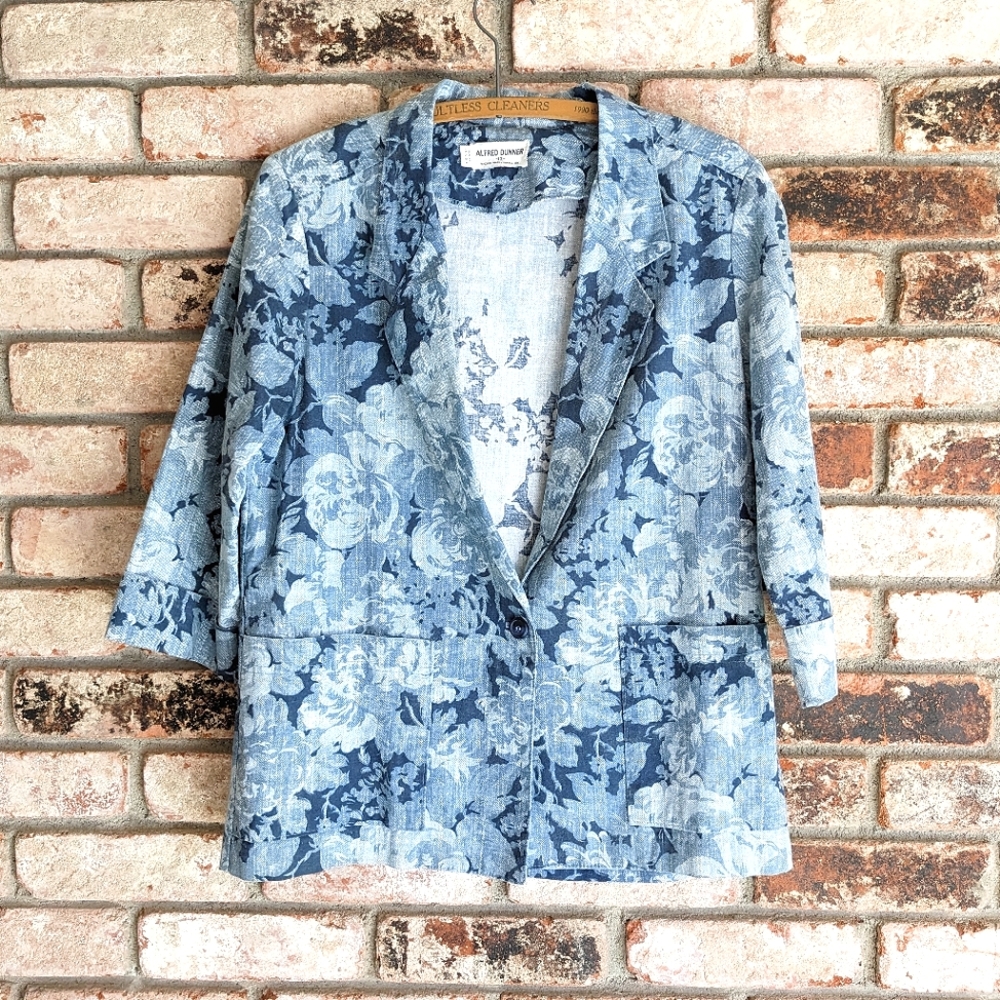 💠 Hawaiian Blue Floral Cotton Blazer Jacket Alfred Dunner Size 12